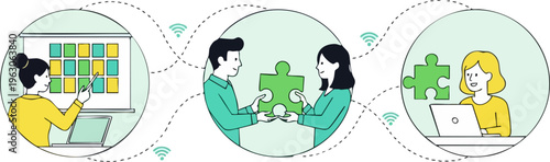 Business collaboration vector illustration, team working on project strategy and puzzle solution, remote work and office synergy concept
