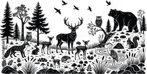 Black and white forest scene with various animals and trees in a natural setting for wildlife illustration, design, and printable projects