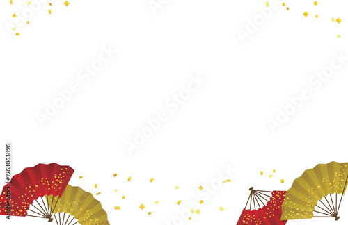 和風の赤と金色の扇子と金箔が舞う横フレーム背景お正月年賀和柄素材