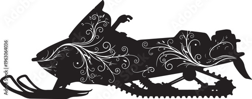 Black silhouette snowmobile with white floral