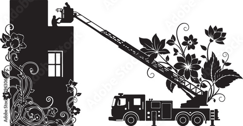 Black silhouette of worker on cherry picker truck next to building with floral