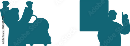 Two figures engaged in contrasting activities, one pushing a cart with items and another presenting with a large board