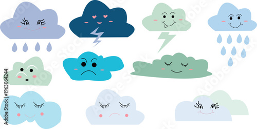 Cute weather cloud icons, smiling clouds, weather symbols, cloud illustrations, emotive clouds