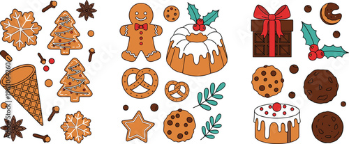 Christmas cookies vector set with gingerbread, biscuits, cakes, pretzels and festive holiday sweets in cute flat illustration style