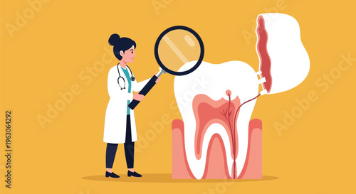 Female dentist examining tooth with magnifying glass