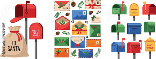 Christmas mail vector set with envelopes, letters to Santa, mailboxes and holiday postal elements in festive flat illustration style