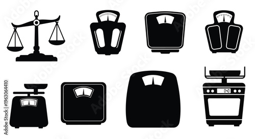 Collection of kitchen scales and toaster icons in black silhouette