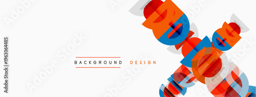 Abstract geometric shapes overlap, creating dynamic visual texture. Red, blue, orange hues dominate white background. Minimalist design elements present.