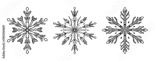 Snowflake set with symmetrical line art and circuit board patterns featuring tech, winter, sharp lines, isolated on white with electronics and design