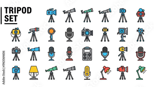 An illustrative collection of various tripod setups with cameras microphones and lighting equipment