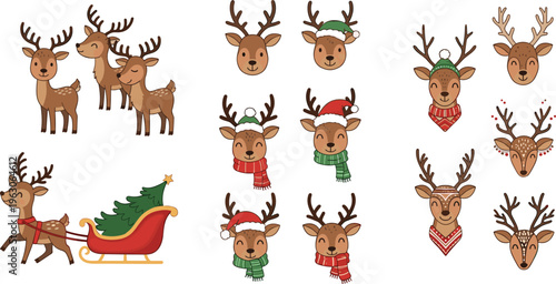 Christmas reindeer vector set with cute deer characters, winter scarves, Santa hats, sleigh and festive holiday elements in cartoon flat style