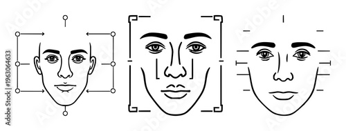 Professional UI icon for facial recognition scan set with clean technical style on white background featuring facial recognition, biometric, security with vector and iconography