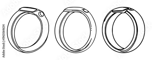Smart ring set with minimalist line art isolated on white featuring thin stroke, wearable, health tracker with digital and wireless