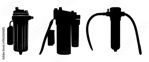 Portable water filtration device set with solid black silhouette against white background featuring survival equipment, eco‑tech design, filtration technology with adventure gear and sustainability