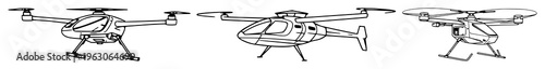 Minimalist line art of an electric vertical takeoff and landing (eVTOL) craft, urban air mobility, white background. set with simple line art design featuring sketches, drawings, vector graphics wi...