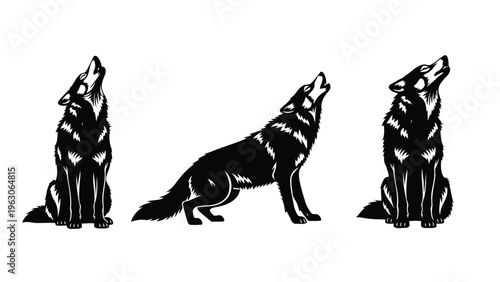 A striking black and white illustration depicts three wolves howling at the moon showcasing their majestic forms