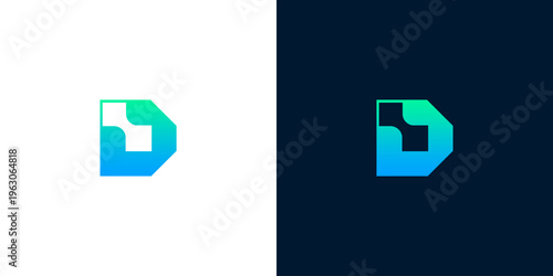 Modern digital D logo design, abstract geometric shape with gradient blue and green colors on white and dark blue backgrounds