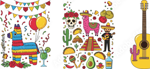 Cinco de Mayo vector set with piñata, mariachi, tacos, cactus, guitar and festive Mexican celebration elements in colorful flat illustration style