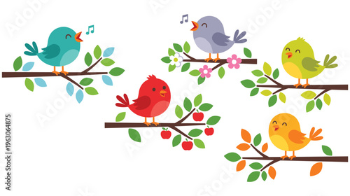 Cute singing birds on tree branches with leaves and fruits.