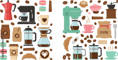 Coffee making vector set with espresso machine, beans, cups, brewing tools, croissants and cafe elements in detailed flat illustration style