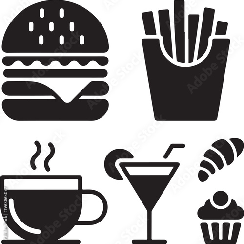 Food and Drink Glyph Icon Set Solid Fast Food Beverage Vector Collection