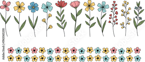 Hand-drawn Floral Set with Vibrant Flowers and Greenery in Soft Pastel Colors for Spring and Garden Design