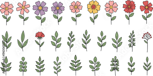 Hand-drawn Floral and Leaf Set Featuring Colorful Flowers and Greenery for Elegant Botanical Design and Nature Illustration