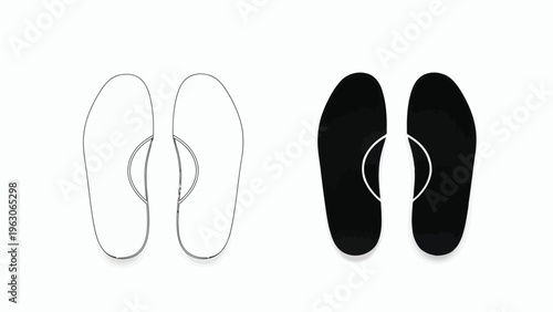 A minimalist depiction of two shoe insoles one white and one black against a white background