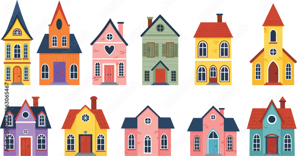 Naklejka premium Colorful houses vector set with cute residential buildings, suburban homes and charming architecture in playful flat illustration style