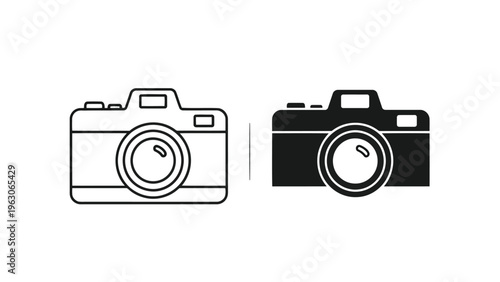 A simple black and white illustration depicts two vintage cameras in differing shades
