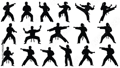 Silhouettes of martial artists demonstrate diverse fighting stances and dynamic movements in black