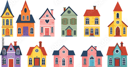 Colorful houses vector set with cute residential buildings, suburban homes and charming architecture in playful flat illustration style