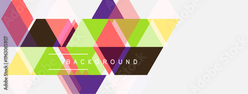 Abstract geometric shapes create vibrant background. Triangles overlap, forming colorful patterns. Minimalist design with text element.