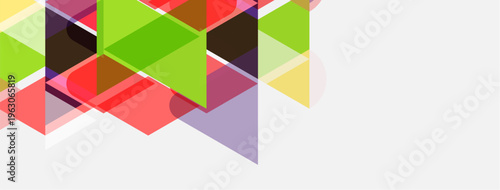 Abstract geometric shapes overlap, creating vibrant color blocks. Minimalist design with negative space dominates right side.