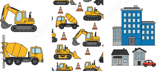 Construction vehicles vector set with excavators, bulldozers, cement mixer trucks, cones and urban buildings in modern flat cartoon illustration style