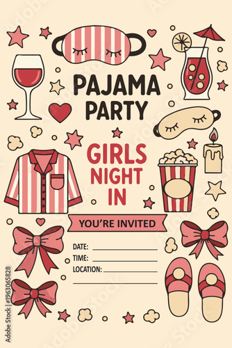 Pajama Night Party Girls Sleepover Invitation Card, Illustration Cartoon Collection