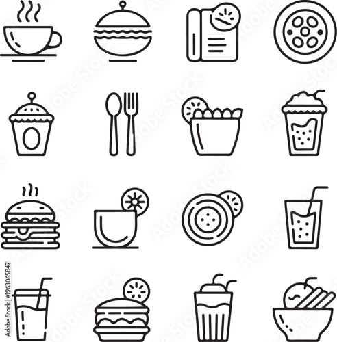 Food and Beverage Line Icons Outline Style Restaurant Set