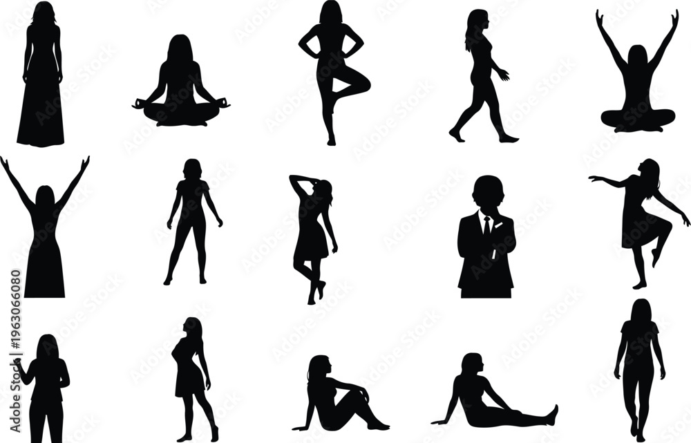 Fototapeta premium Collection of 14 black silhouette yoga poses for women