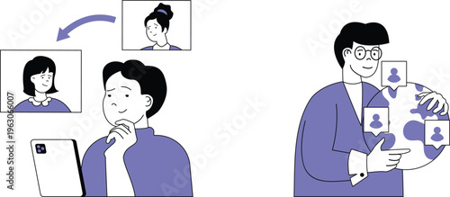 Person viewing profile on tablet while another shows diverse contact cards and smiles happily