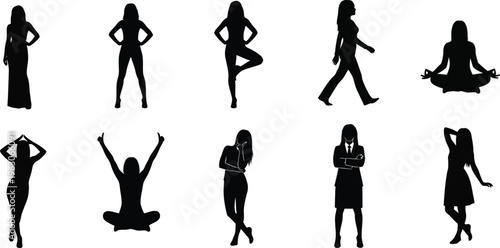 Collection of female silhouettes in various yoga and dance poses