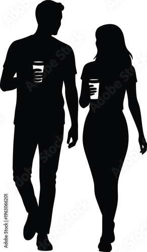 Silhouette of a man and woman walking together in sync