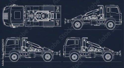 Hydraulic Lorry Truck AutoCAD Blueprint Vector – Multiview Industrial Vehicle Technical Drawing White Outline on Dark Blue