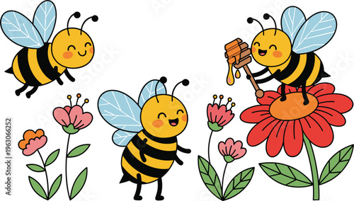 Cute bees collection with flowers and honey, cartoon happy insects pollinating garden plants vector set