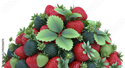 Pile of Ripe and Unripe Strawberries with Leaves