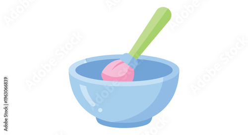 Cartoon blue bowl with pink spoon and green handle in playful colorful lighting for food illustration