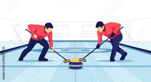 Curling players sweeping ice with stone and brooms, winter sport competition
