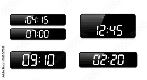 Digital Clock Displays Showing Different Times, Isolated on White Background