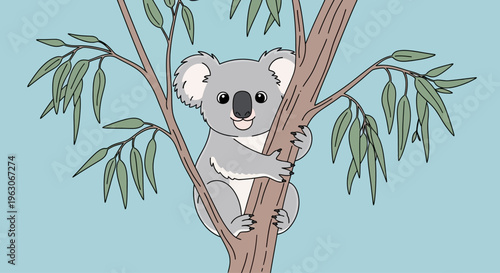Cute Koala Climbing Eucalyptus Tree, Australian Wildlife, Adorable Animal Illustration