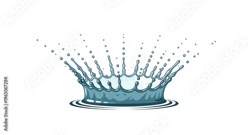 Dynamic Water Splash Crown Shape with Droplets and Ripples on White Background