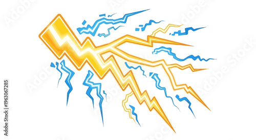 Dynamic Yellow Lightning Bolt Strike with Blue Energy Sparks